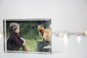 Glass photo block with image of girl and orange cat backlit by fairy lights