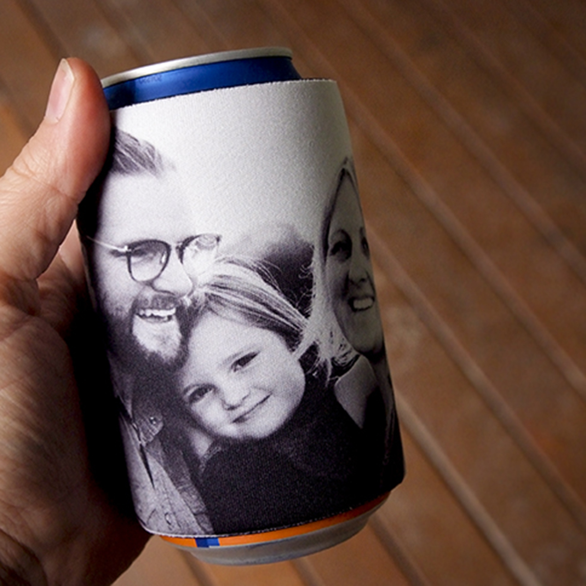 Black and white family photo printed onto a beer cooler