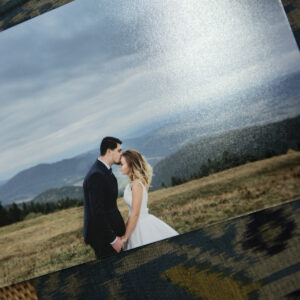 Close up of photo printed on lustre paper of bride and groom