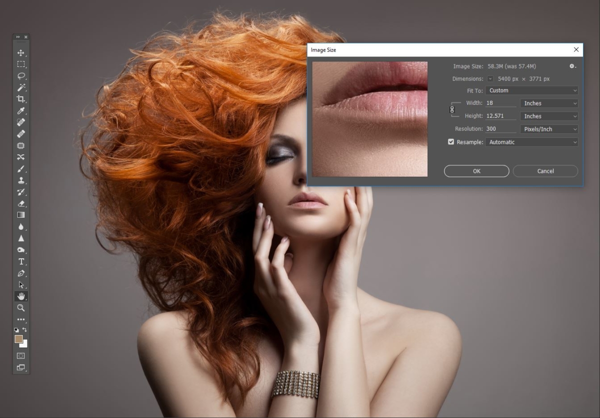 Screenshot of Photoshop image size dialog box demonstrating image size example for getting images ready for print
