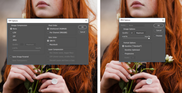 Screenshot of Photoshop TIFF and JPEG options dialog box to demonstrate how to save your images for print