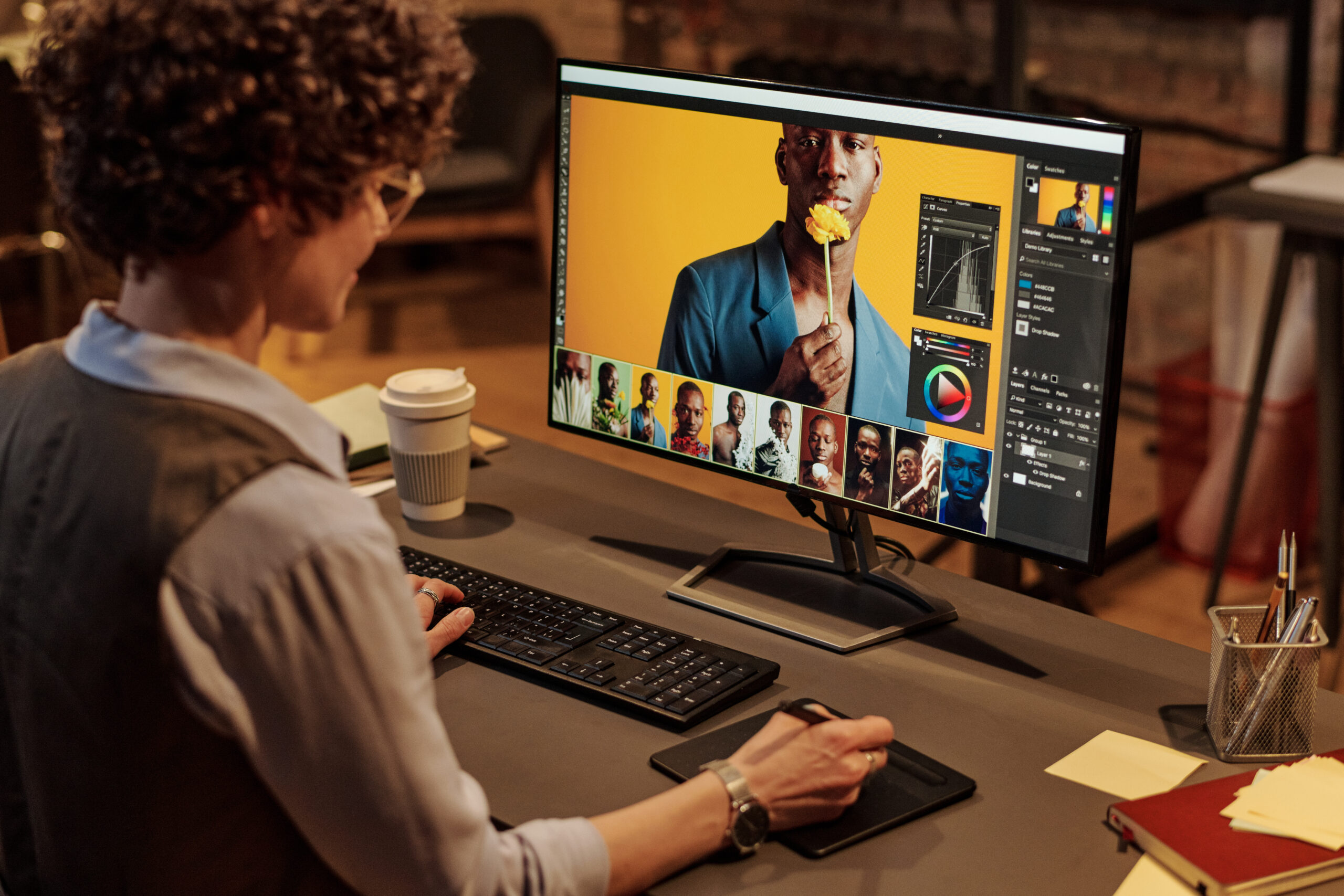 Photographer working in Adobe1998 and sRGB colour spaces, editing images on a desktop for professional photo printing workflow.
