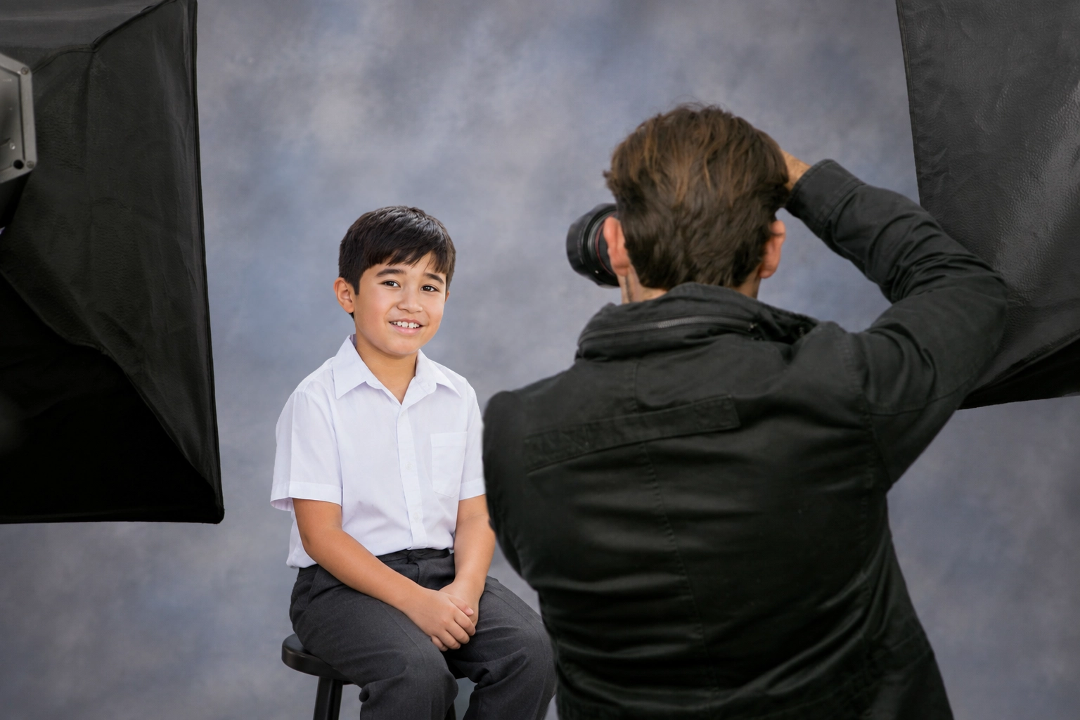 Photographer capturing a student portrait using a consistent school photography setup